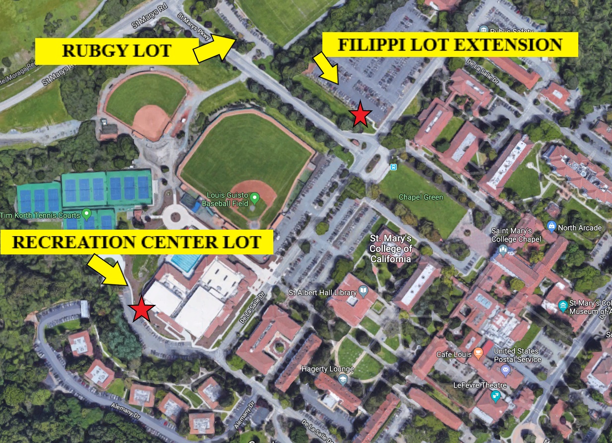 a map indicating the visitor parking lots of Ruby Log, Filippi Lot Extension, and Recreation Center Lot