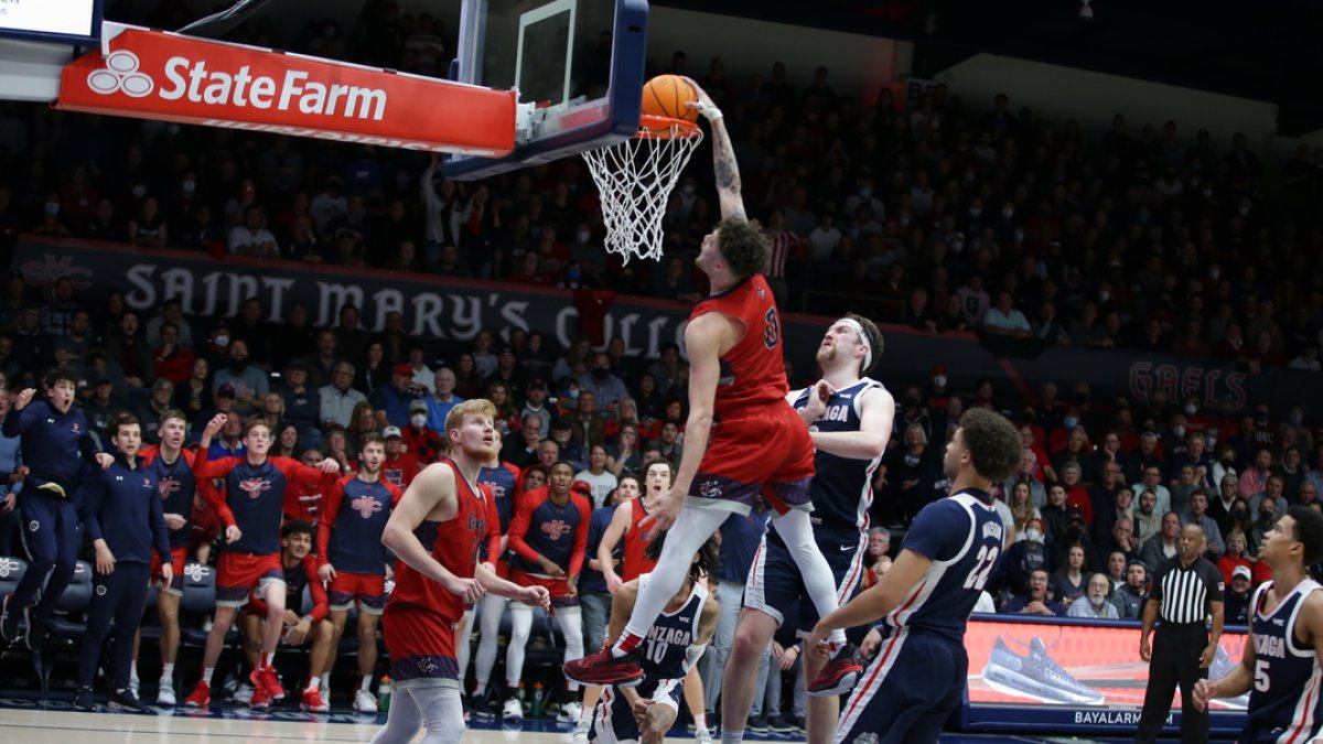 Saint Mary's basketball player dunking on opponents