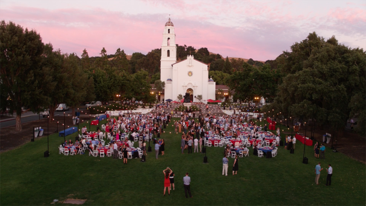 Aerial view of the chapel with guests on the lawn