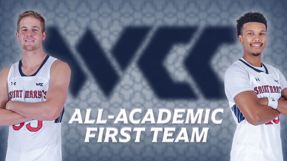 Men's basketball players Luke Barrett and Chris Howell and the text WCC All-Academic First Team