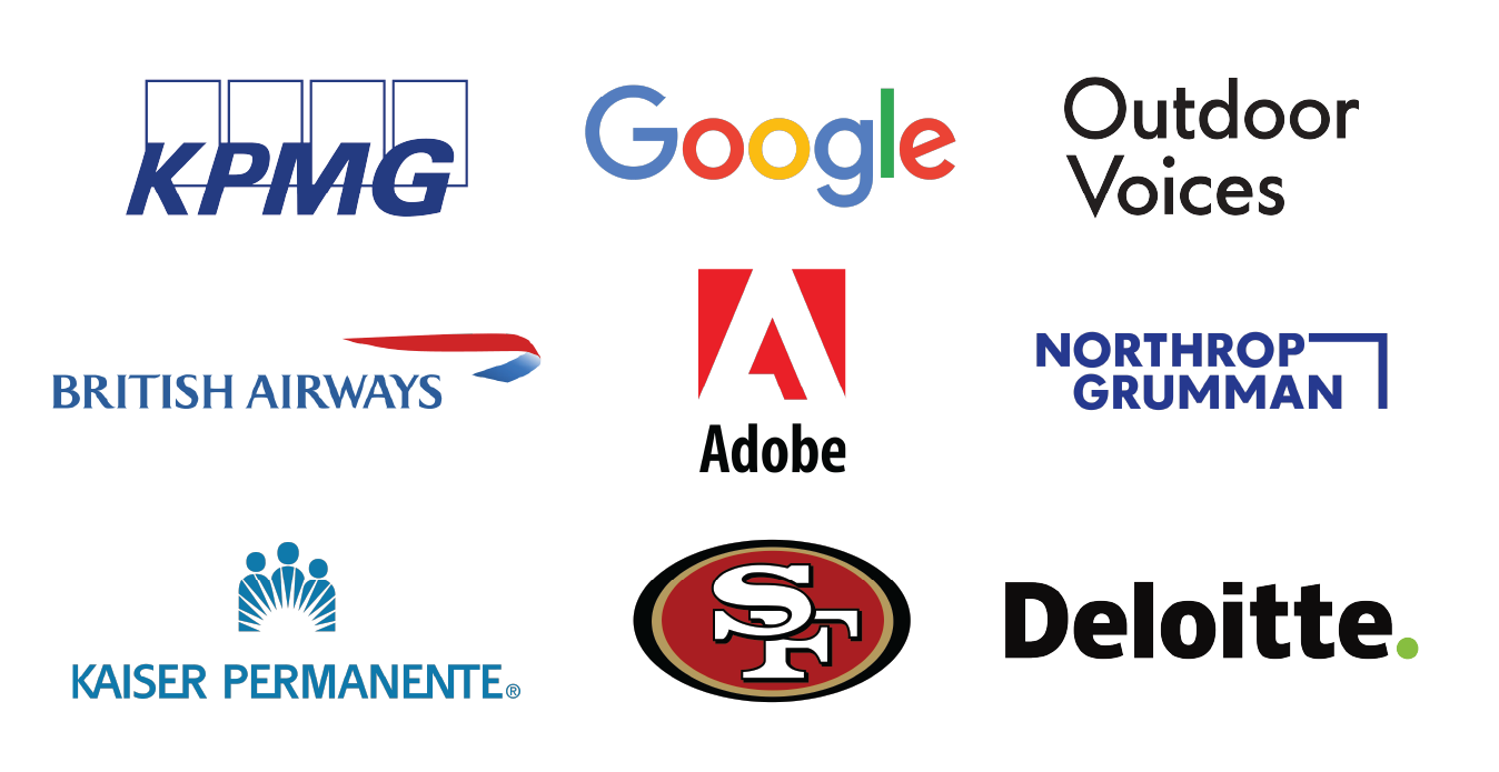 Logos for KPMG, Google ,Outdoor Voices, British Airways, Adobe, Northrop Grumman, Kaiser, SF 49ers, and Deloitte.