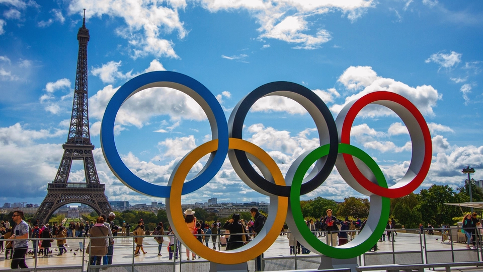 Olympic rings by Eiffel Tower in Paris 2024