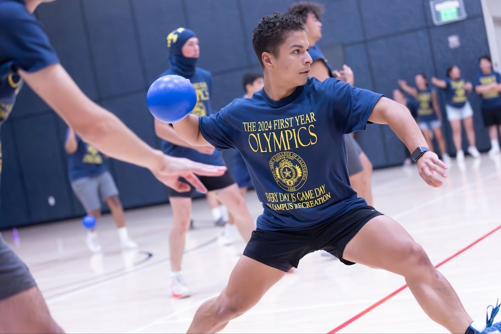 Elijah Jackson '28 throws a ball in dodgeball at 2024 first year olympics