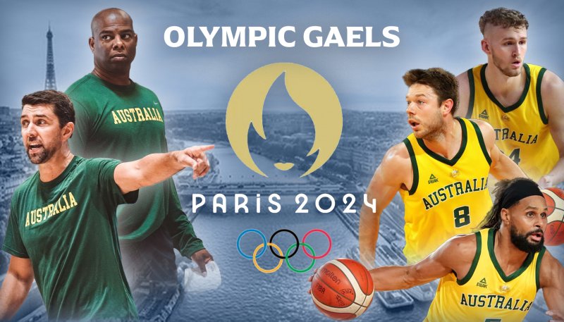 Two coaches and three basketball players with text OLYMPIC GAELS and PARIS 2024