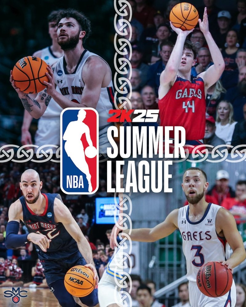 Four Gaels basketball players and text 2K25 Summer League