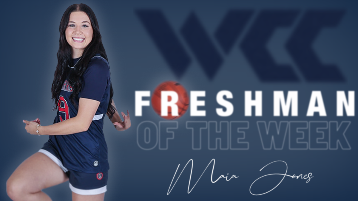 Women's basketball player Maia Jones with text WCC Freshman of the Week, February 2024