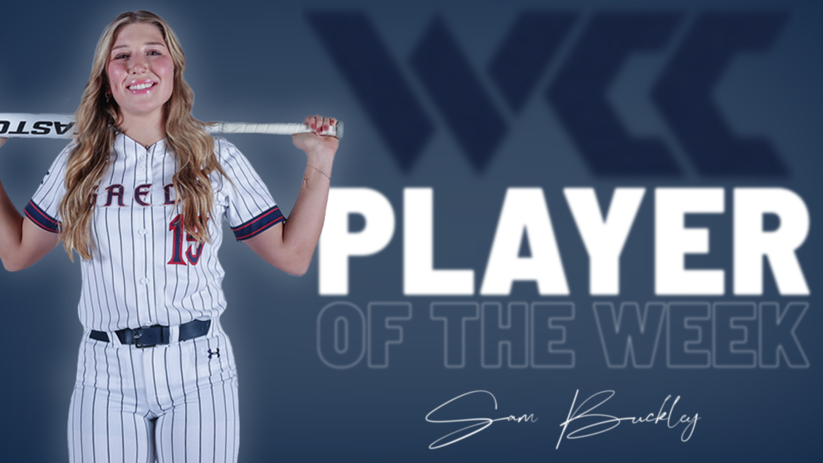 Softball player Sam Buckley with text WCC Player of the Week, February 2024