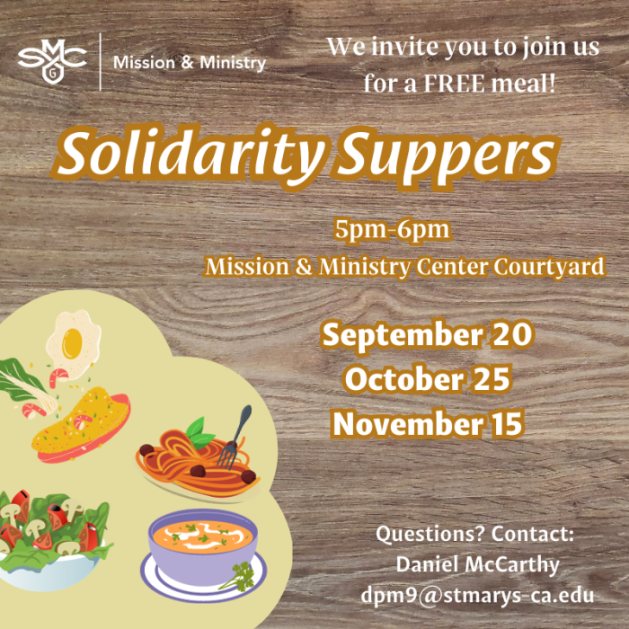 Image of meal entrees with the information for Solidarity Suppers taking place on September 20, October 25, and November 15.