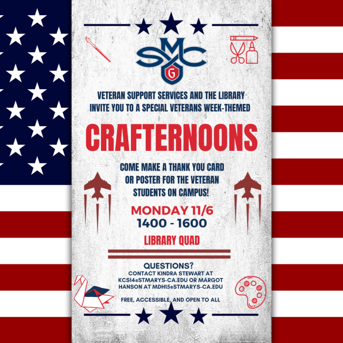 flyer with graphic art images of craft supplies, stars, and military imagery