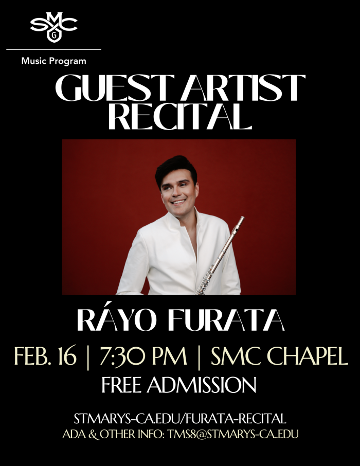 Ráyo Furata holds his flute on the flyer for his recital on Feb. 16.