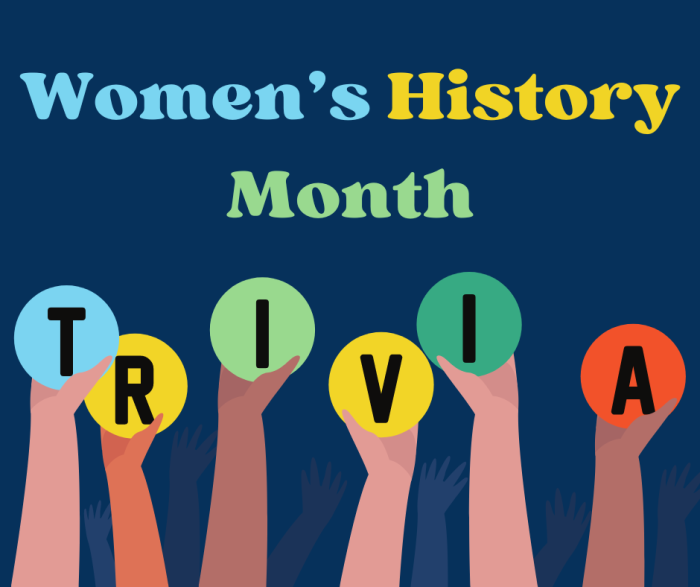 Women's History Month Trivia with hands holding balls with a letter