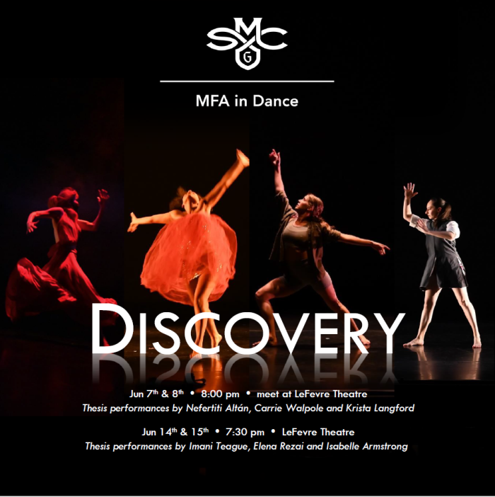 SMC MFA in Dance, 4 dancers move in space, 2 in red, 1 in green, one in white and gray, they run and bring their ams up. Discovery times of show June 7th and 8th 8pm LeFevre Theatre. Juen 14th and 15th 7:30pm LeFevre Theatre
