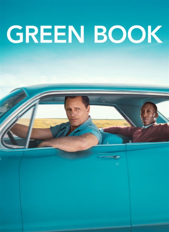 Poster for film "Green Book" with two men in car and title "Green Book"