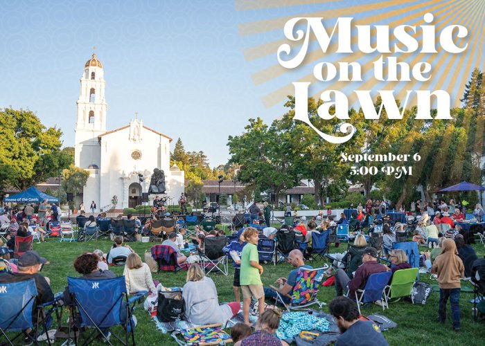 Hundreds of people picnic on the lawn in front of the tall, white chapel. Text reads: "Music on the Lawn. September 6, 5 :00 PM"