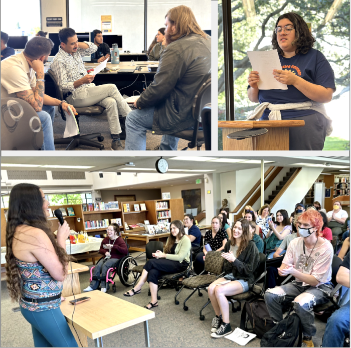 Collage of photos of students reading and discussing poetry