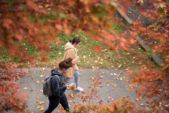 Students walking on campus in the winter