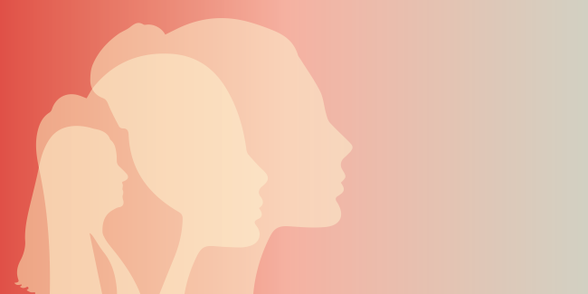 Faces in profile against a rose-colored gradient background