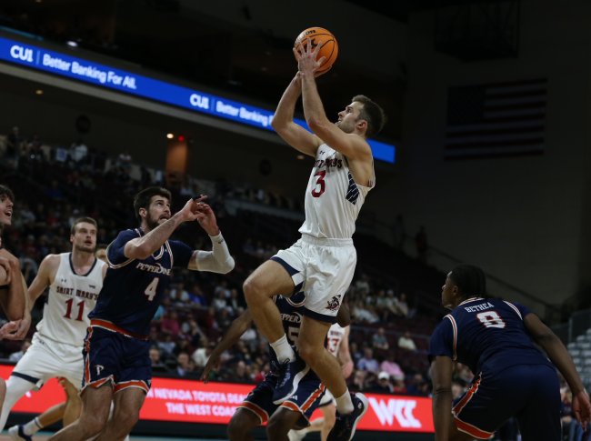 Men's Basketball Player Augustas Marciulionis shoots against Pepperdine in 2025 WCC Semifinals 